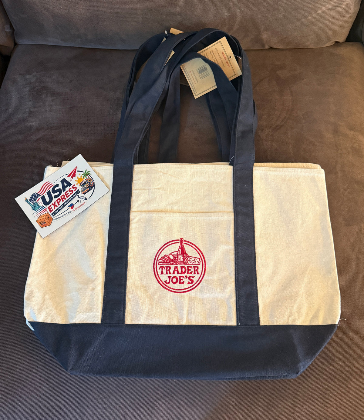 Trader Joe's Reusable Cotton Canvas Tote Bag – Cream & Navy