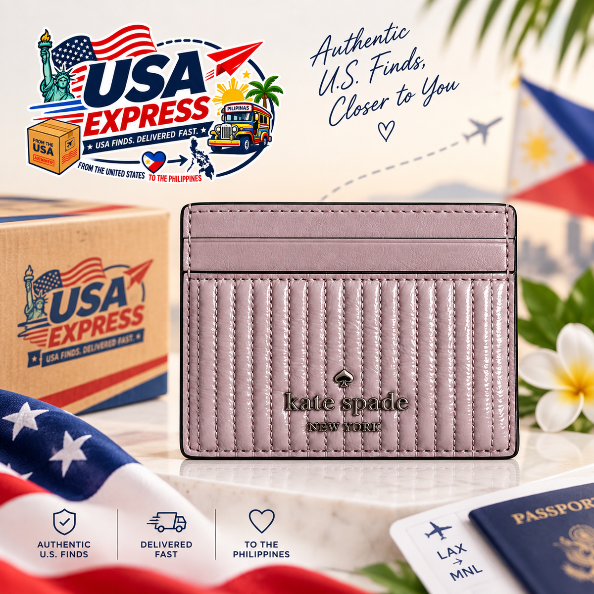 Kate Spade New York pink quilted card holder front