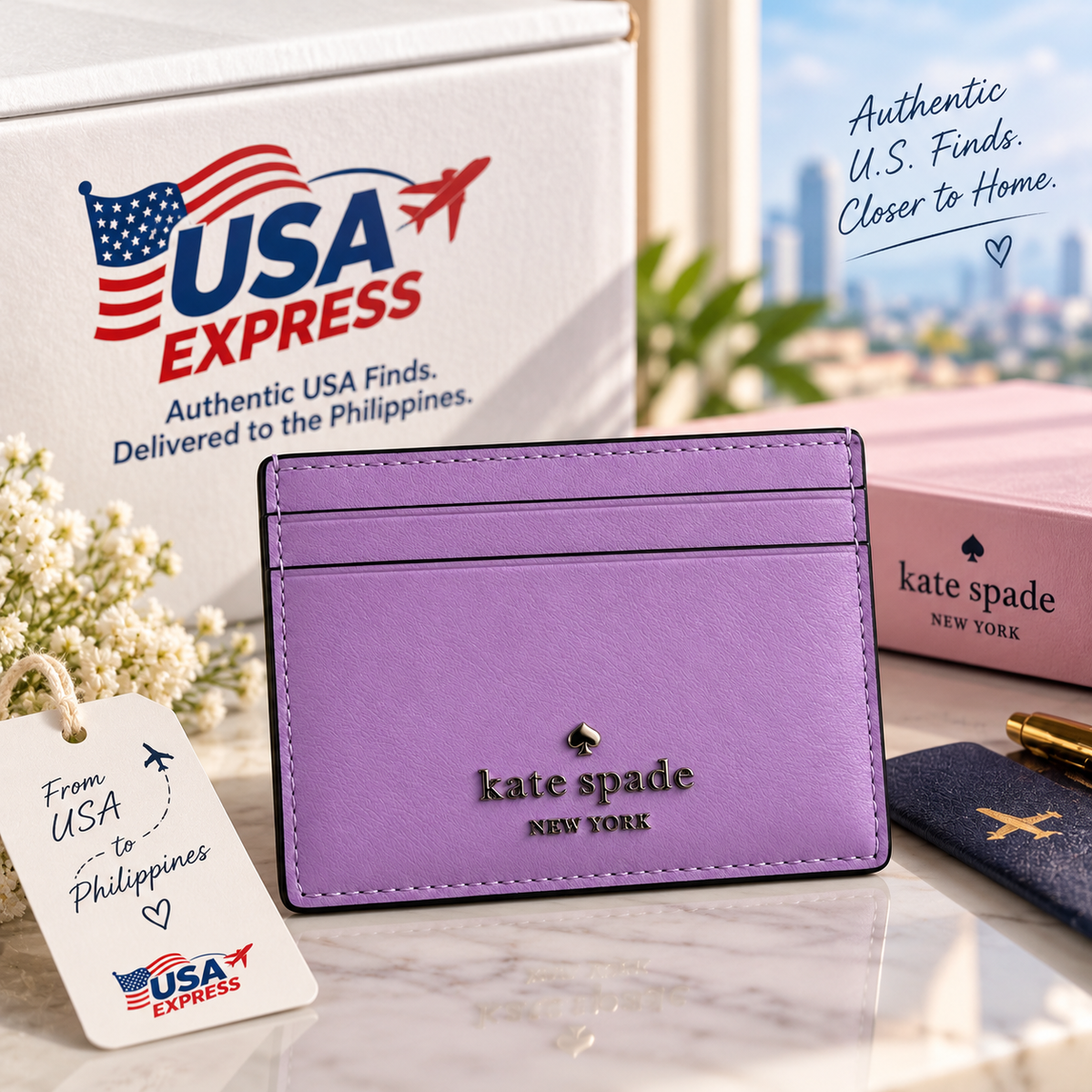 Kate Spade New York purple leather card holder front