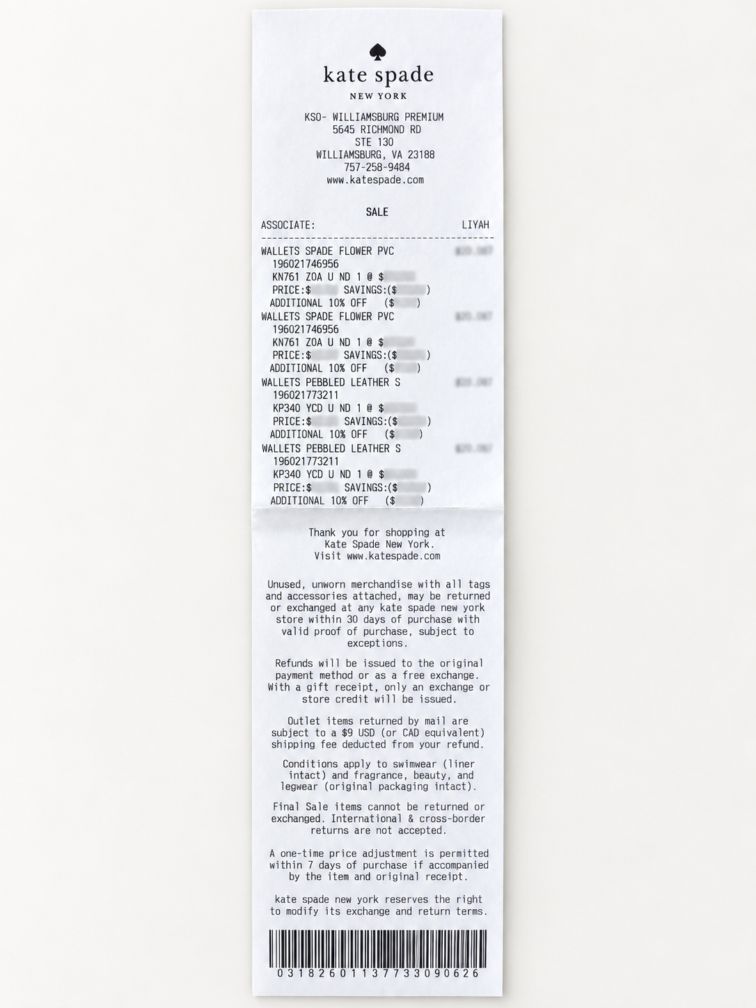 Kate Spade New York retail receipt used as authenticity proof