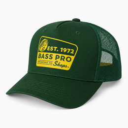 Bass Pro Shops EST. 1972 dark green mesh trucker cap front