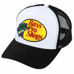 Bass Pro Shops embroidered mesh trucker cap black and white front