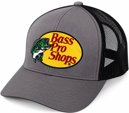 Bass Pro Shops embroidered mesh trucker cap gray and black front