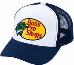 Bass Pro Shops embroidered mesh trucker cap navy and white front