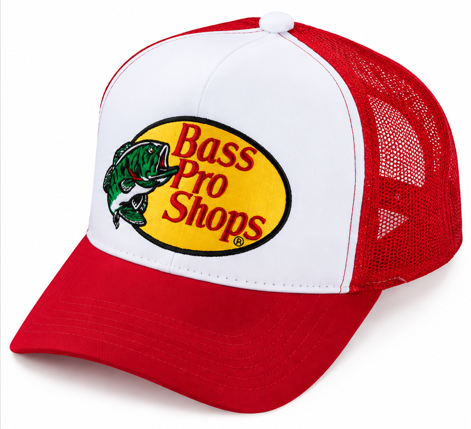 Bass Pro Shops embroidered mesh trucker cap red and white front