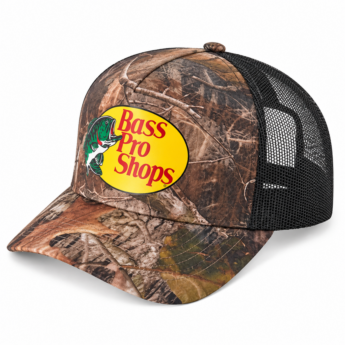 Bass Pro Shops Mesh Trucker Cap Camo Woodland front