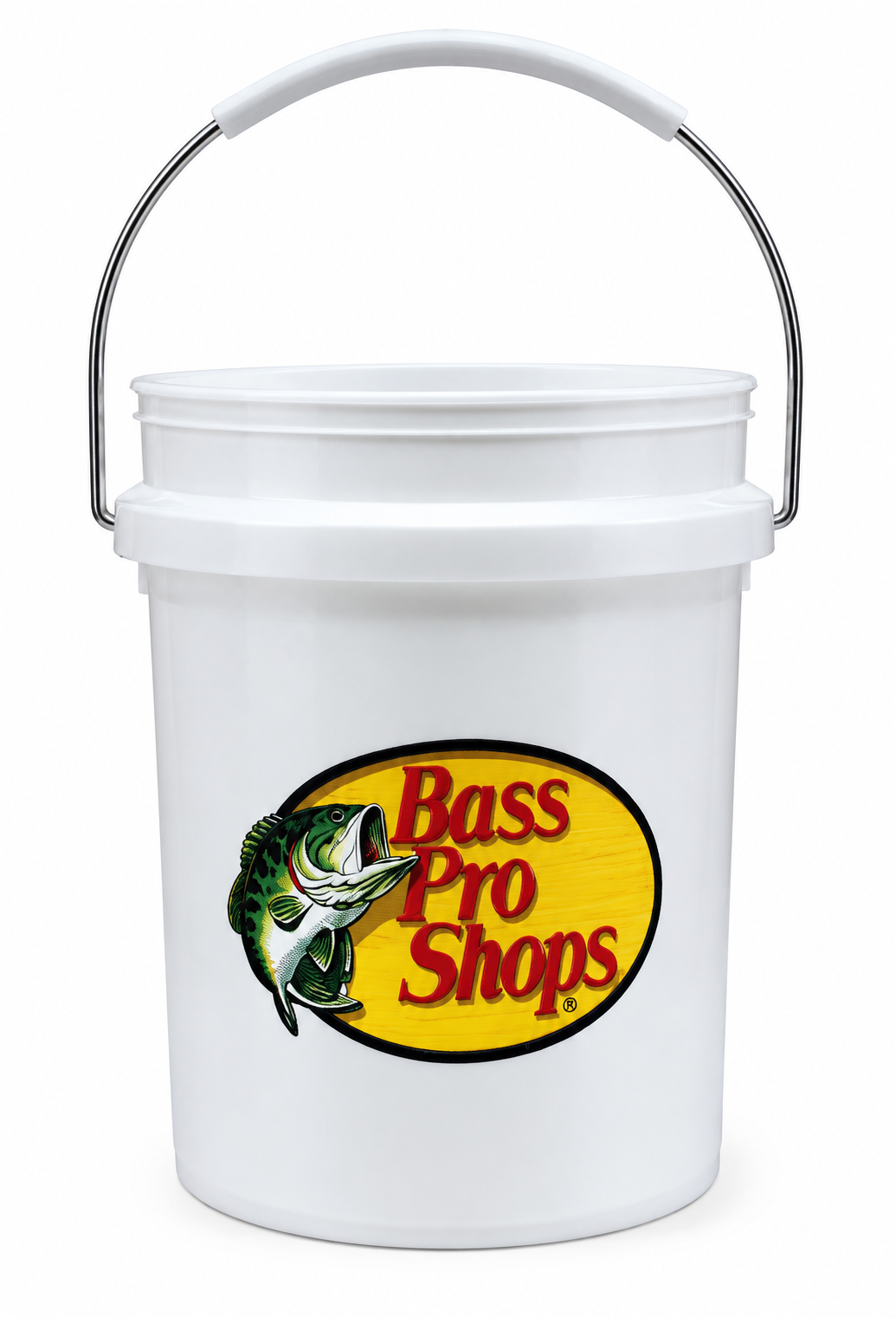 Bass Pro Shops Food Safe Mini Bucket in white with wire handle and leaping-bass logo
