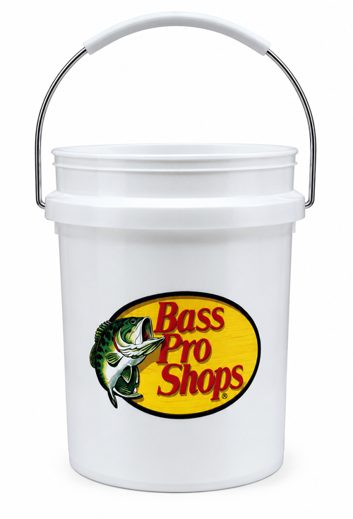 Bass Pro Shops Food Safe Mini Bucket in white with wire handle and leaping-bass logo