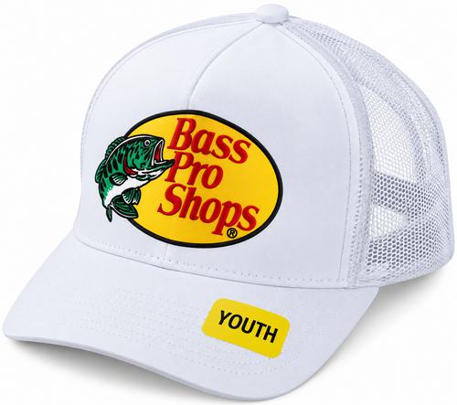Bass Pro Shops youth white mesh trucker cap front with Youth sticker