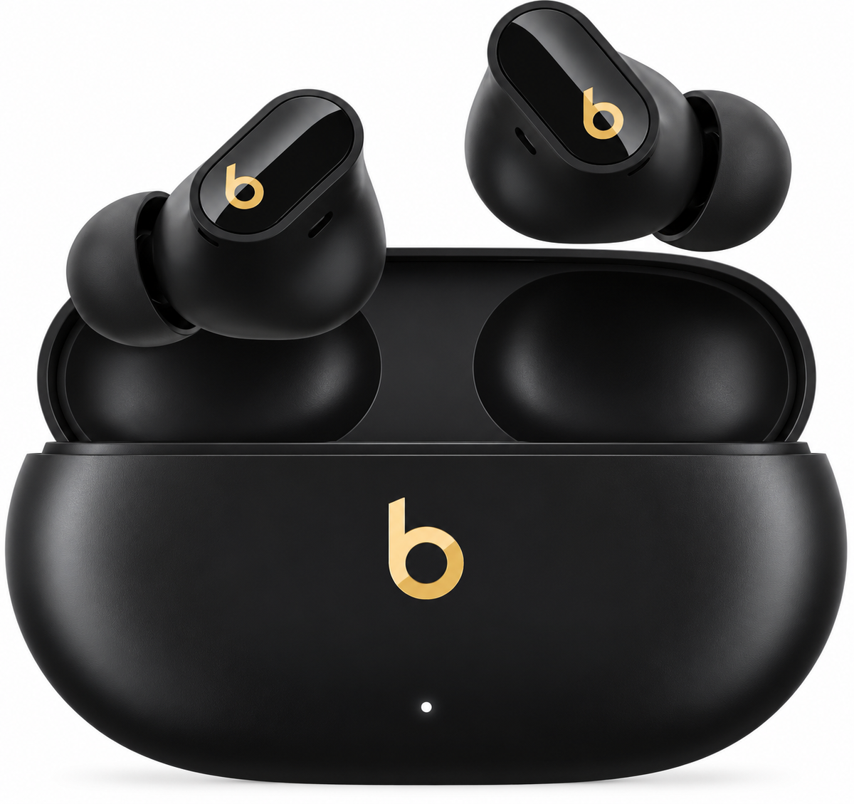 Beats Studio Buds Plus Black and Gold earbuds with open charging case