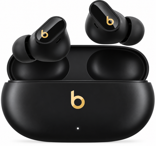 Beats Studio Buds Plus Black and Gold earbuds with open charging case