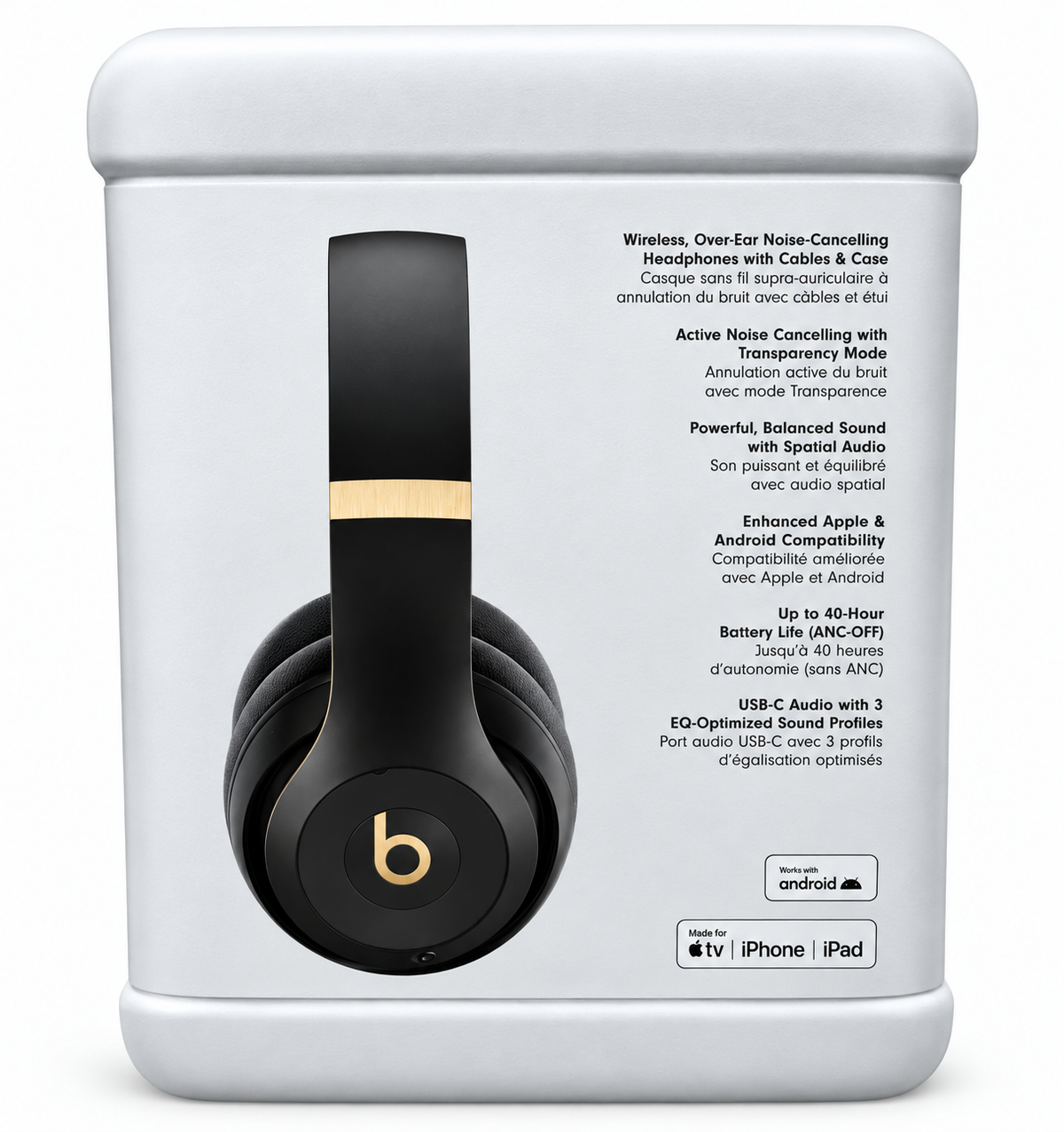 Beats Studio Pro Black and Gold sealed retail box back showing product features