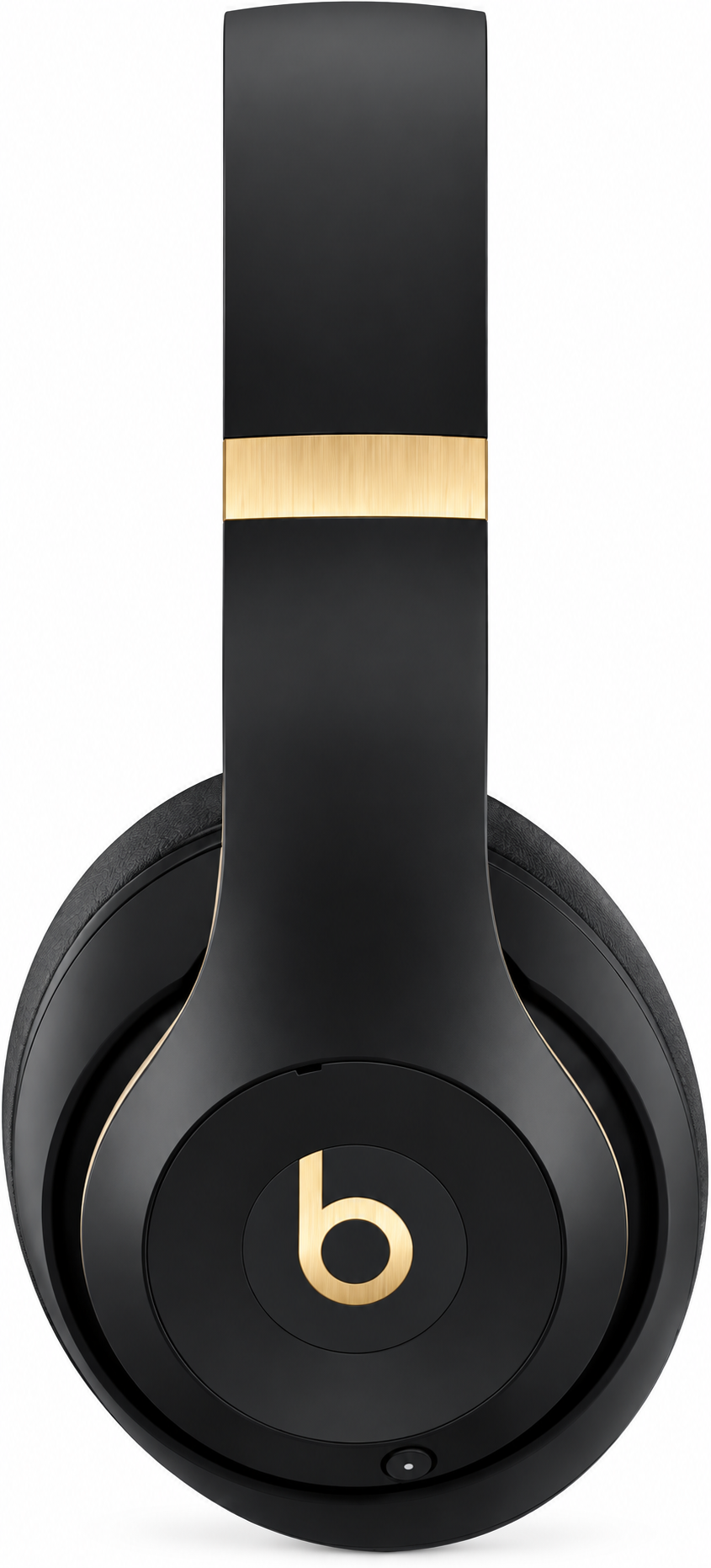 Beats Studio Pro Black and Gold headphones side profile with gold Beats logo
