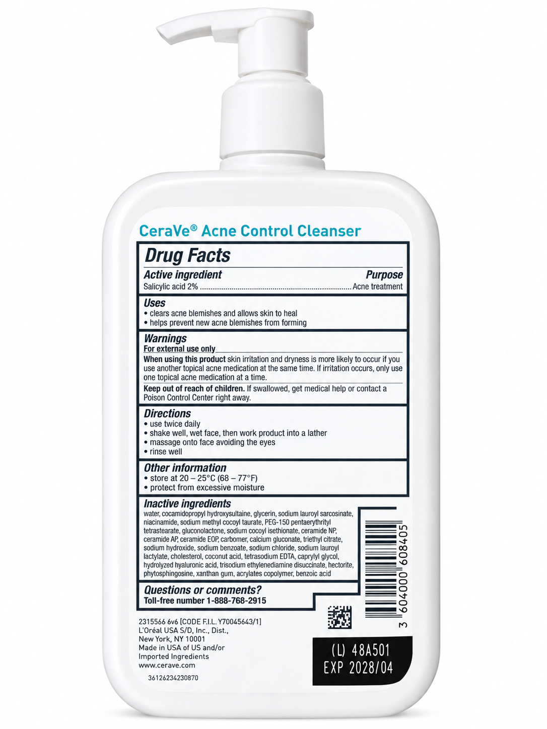 CeraVe Acne Control Cleanser 2% Salicylic Acid Value Size 16 fl oz Drug Facts back
