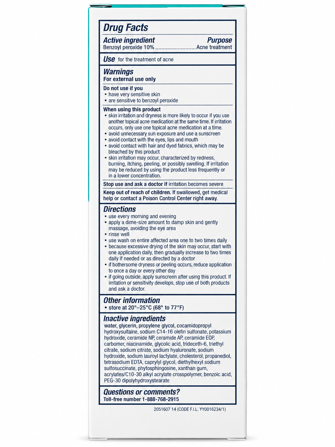 CeraVe Acne Foaming Cream Wash 10% Benzoyl Peroxide Drug Facts panel