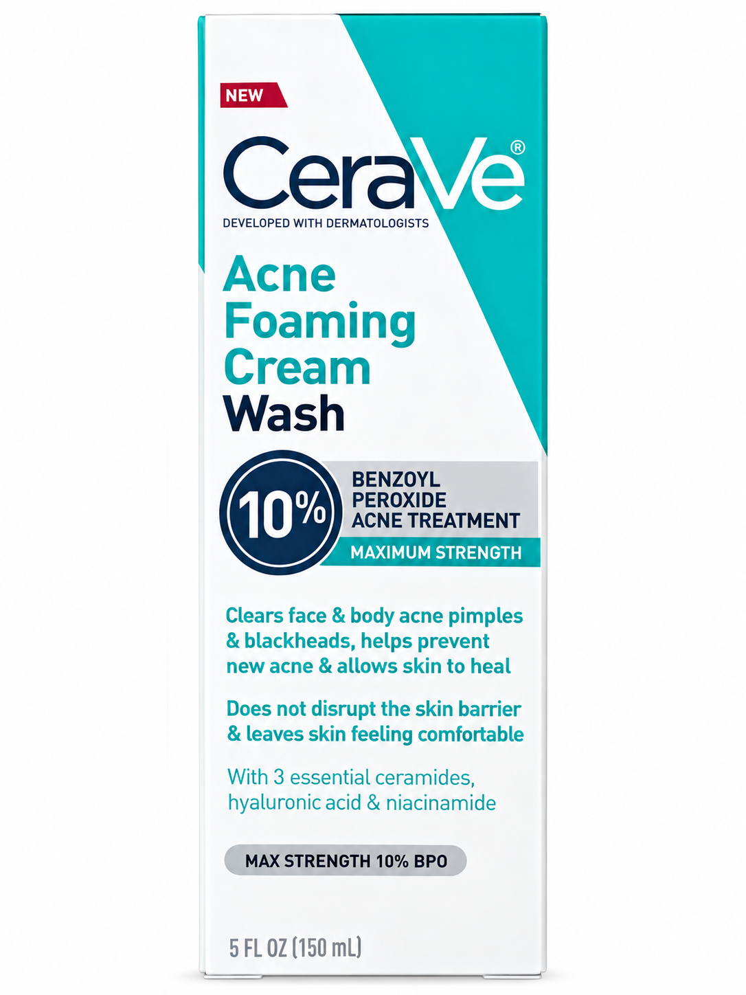 CeraVe Acne Foaming Cream Wash 10% Benzoyl Peroxide 5 fl oz front box