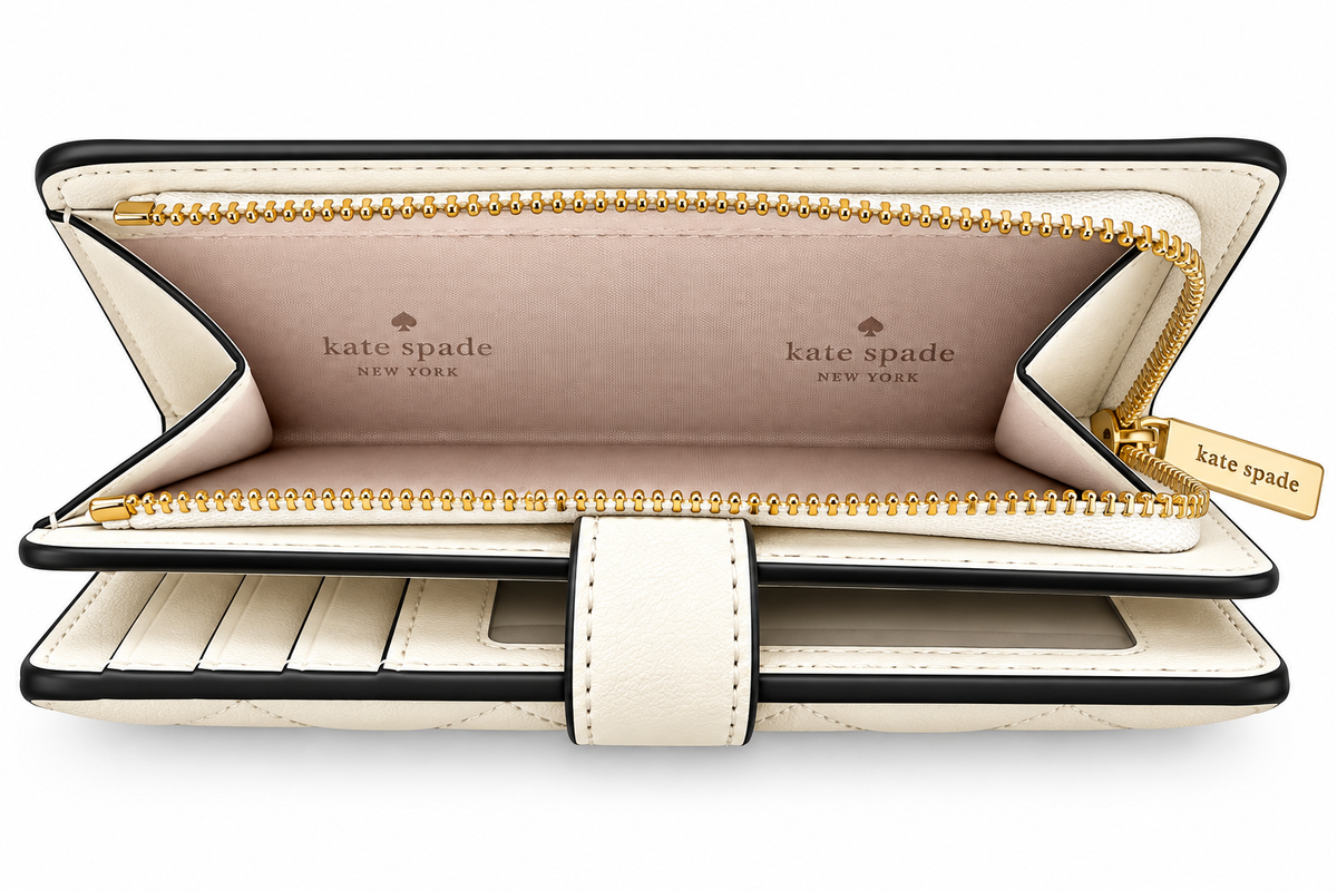 Kate Spade New York KN753 smooth quilted medium compact bifold wallet in Meringue open zip compartment