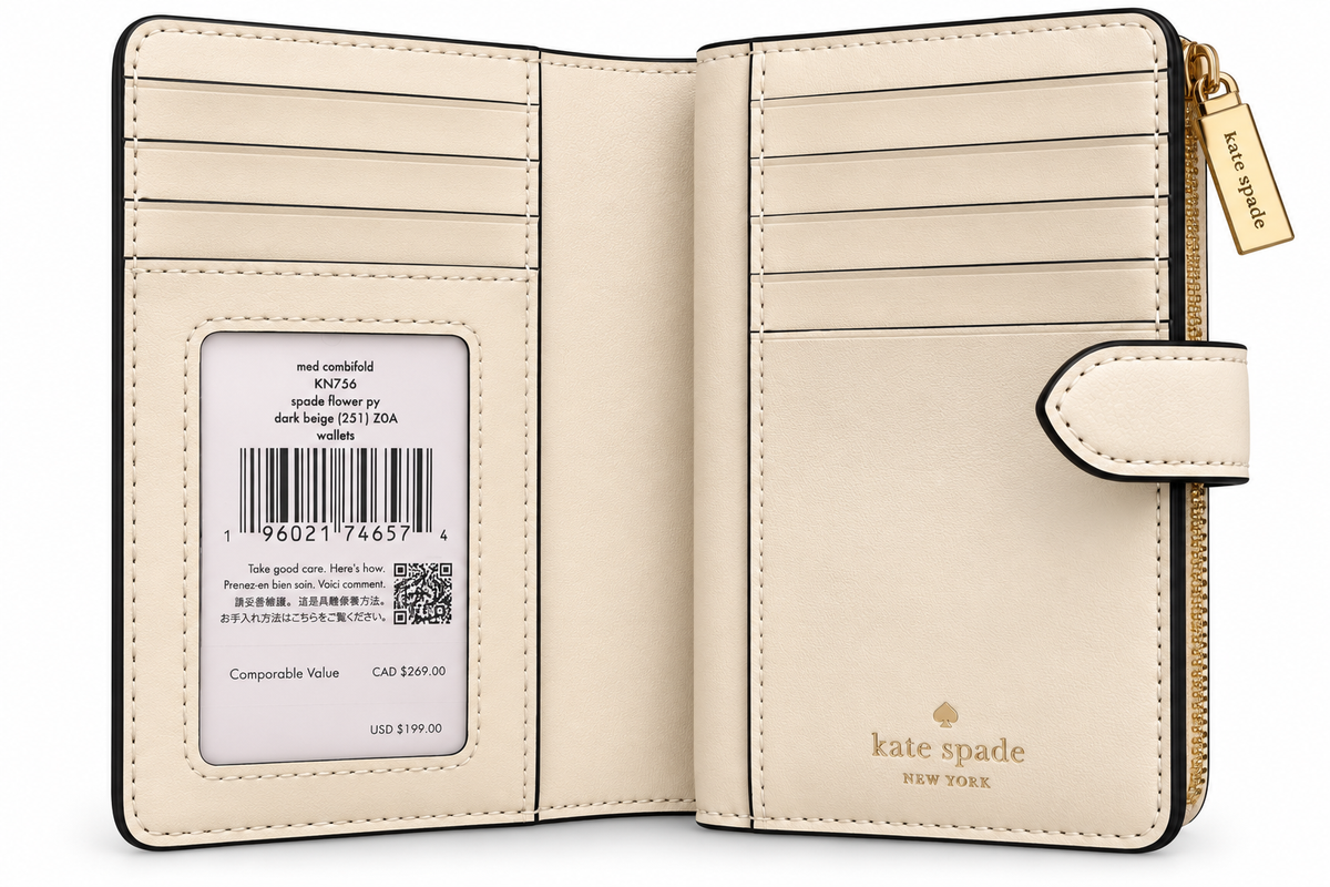 Kate Spade New York KN756 Spade Flower medium compact bifold wallet in Dark Beige open interior with original insert