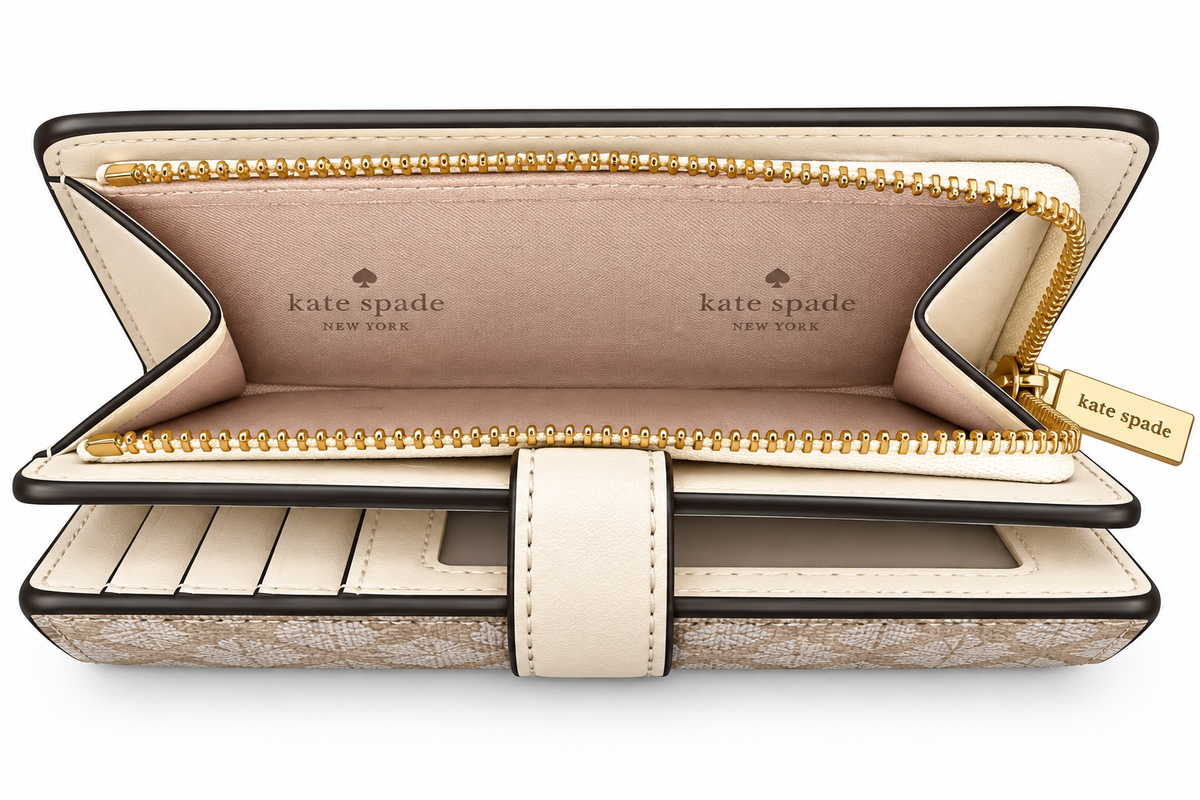 Kate Spade New York KN756 Spade Flower medium compact bifold wallet in Dark Beige open zip compartment
