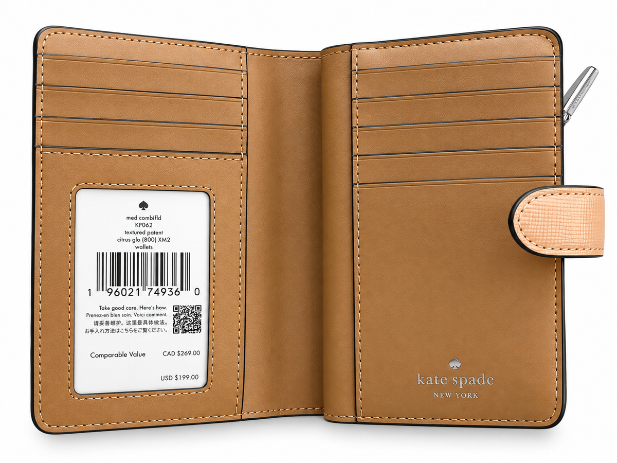 Kate Spade New York medium compact bifold wallet in Citrus Glo open interior