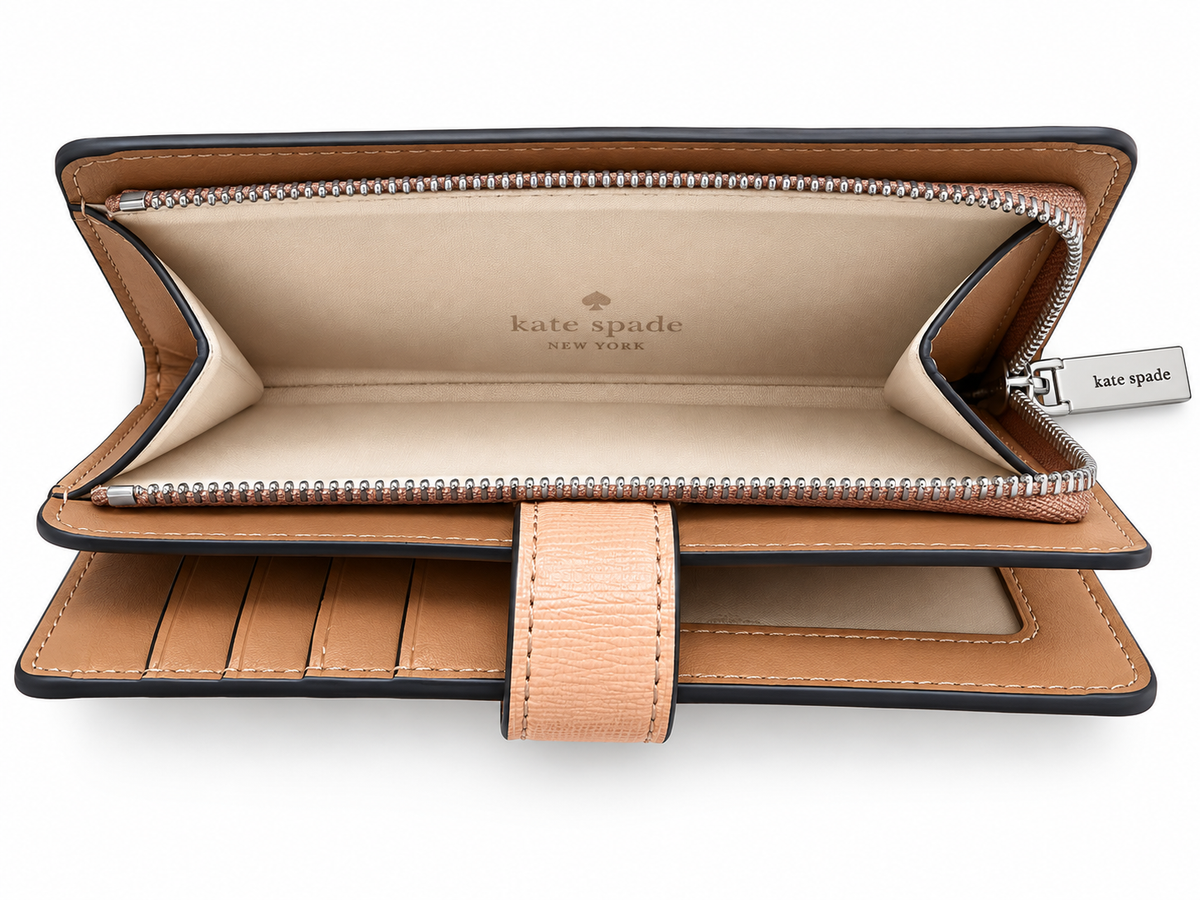 Kate Spade New York medium compact bifold wallet in Citrus Glo open zip compartment