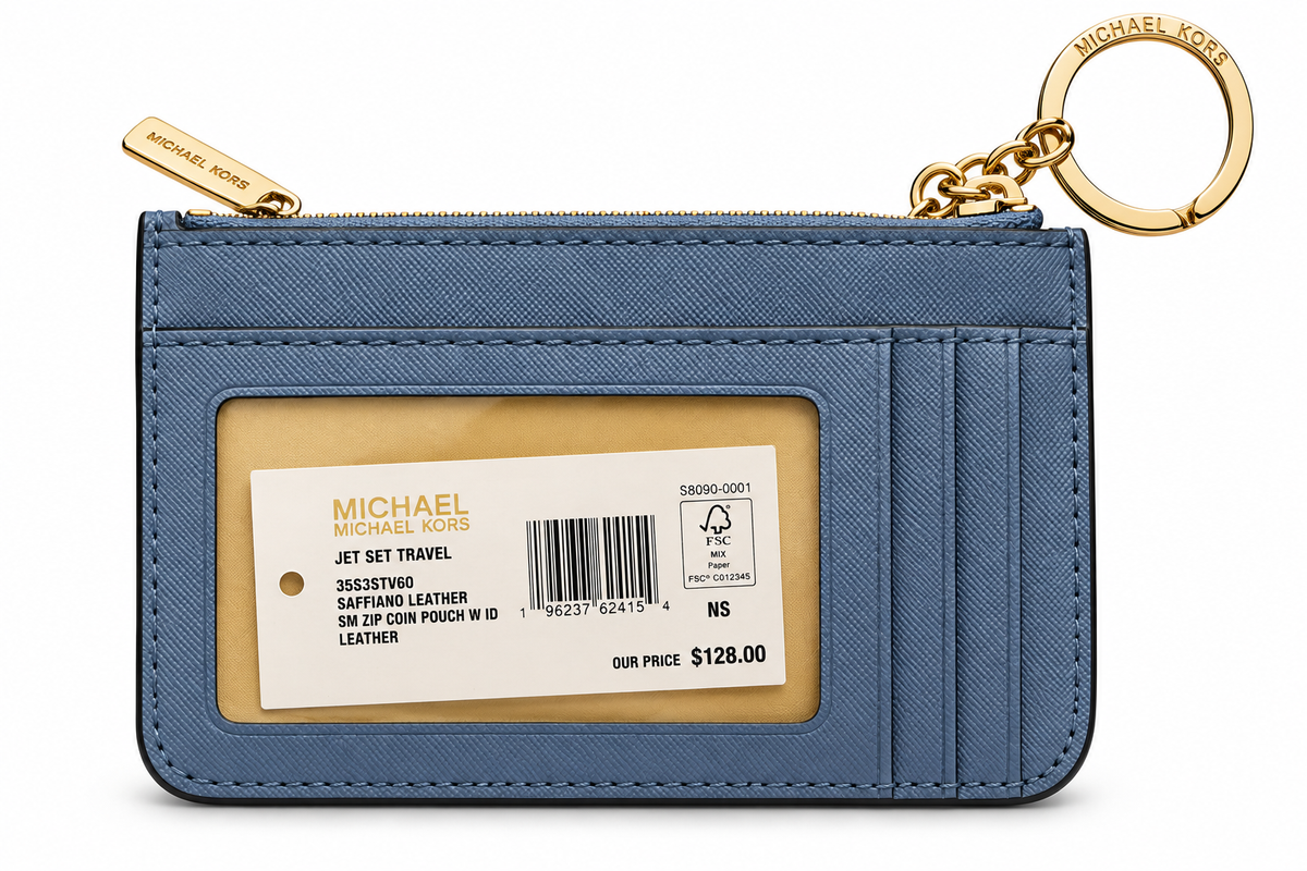 Michael Kors Jet Set Travel Saffiano leather small zip coin pouch with ID and key ring in blue back with card slots and ID window