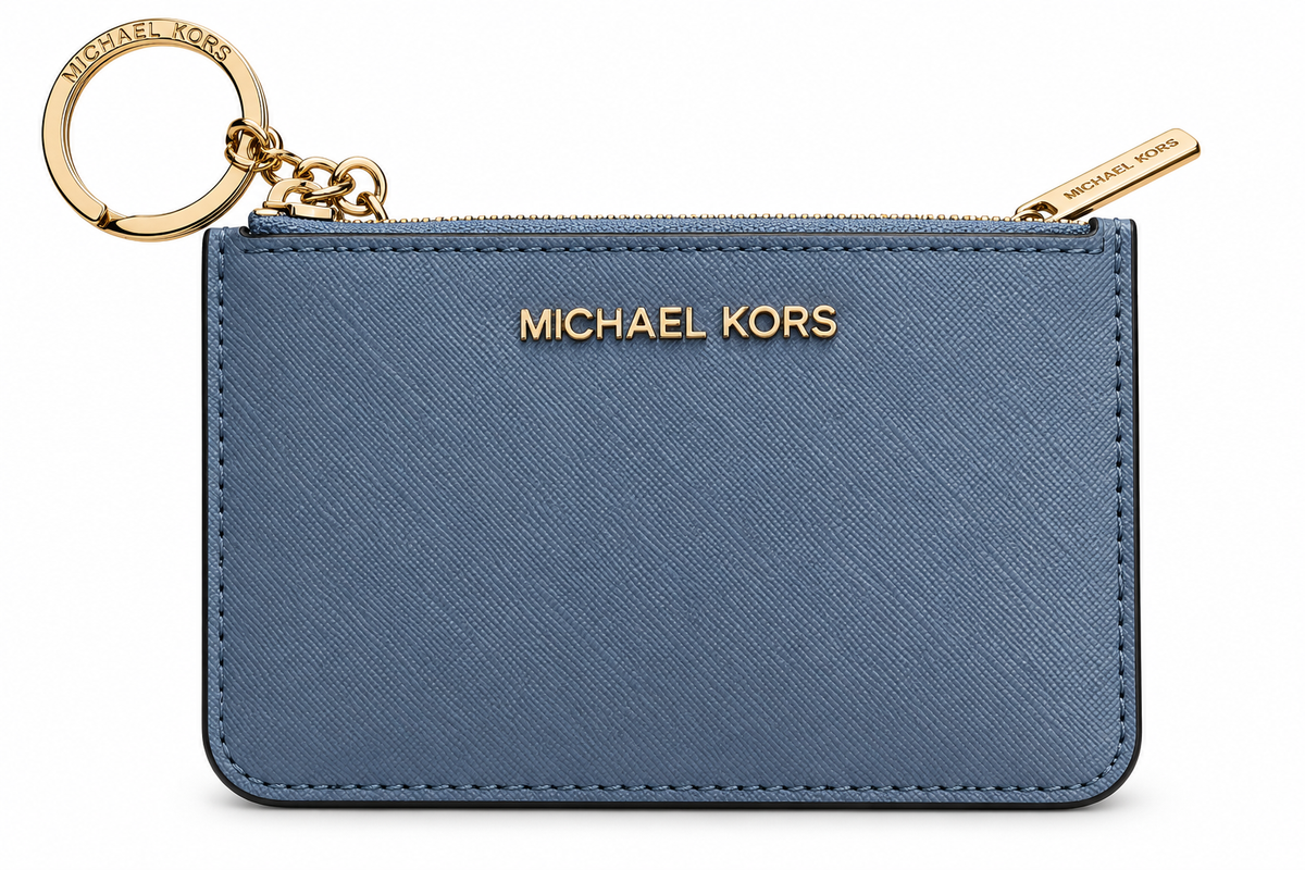 Michael Kors Jet Set Travel Saffiano leather small zip coin pouch with ID and key ring in blue front