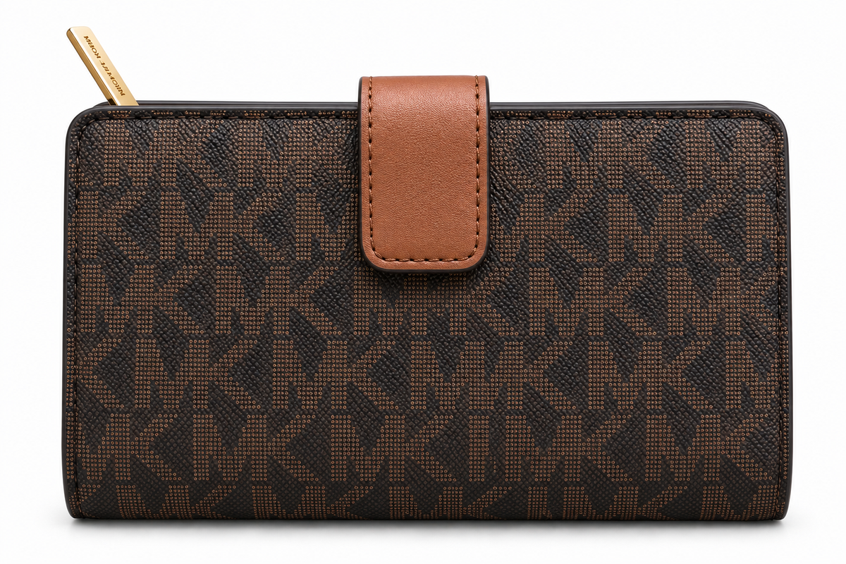 Michael Kors Jet Set Travel medium bifold zip coin wallet in Brown Signature monogram back