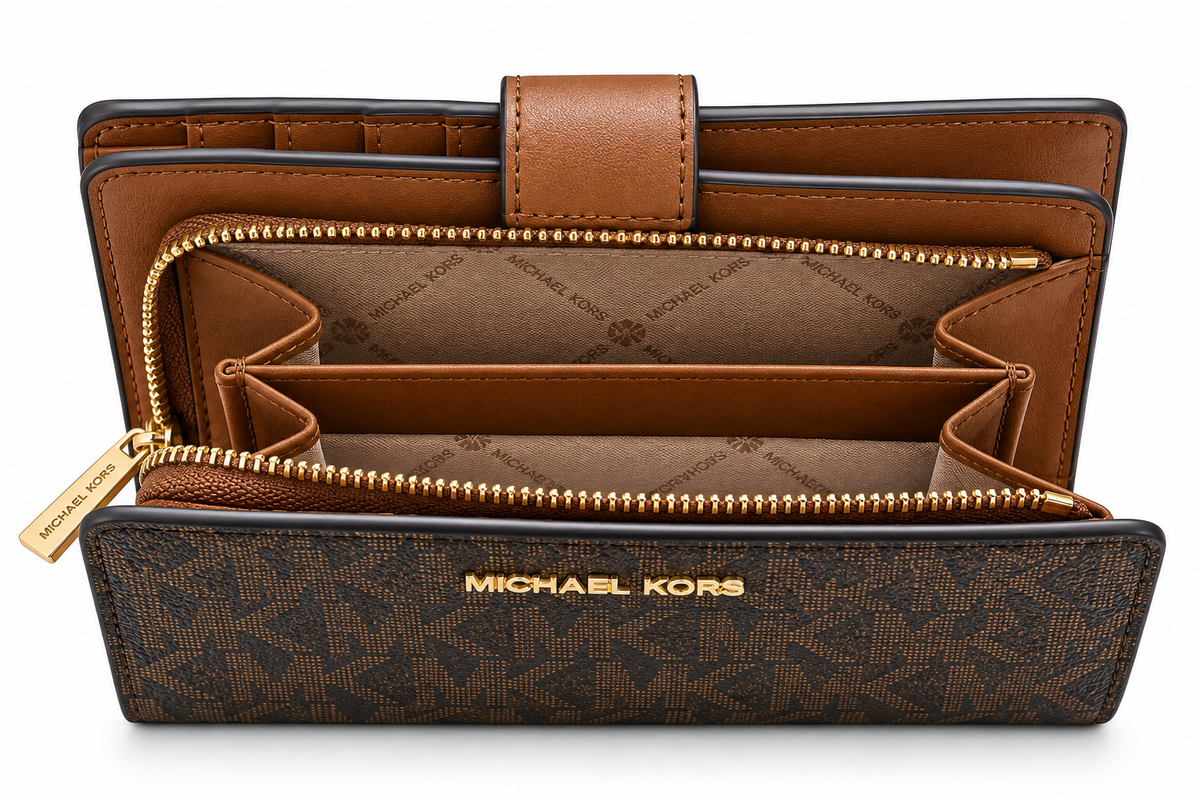 Michael Kors Jet Set Travel medium bifold zip coin wallet in Brown open zip coin compartment