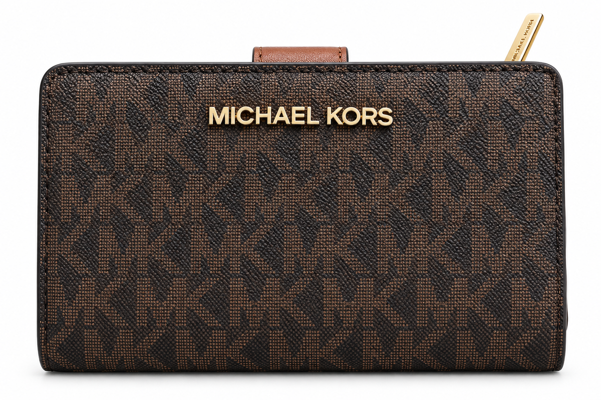 Michael Kors Jet Set Travel medium bifold zip coin wallet in Brown Signature monogram front