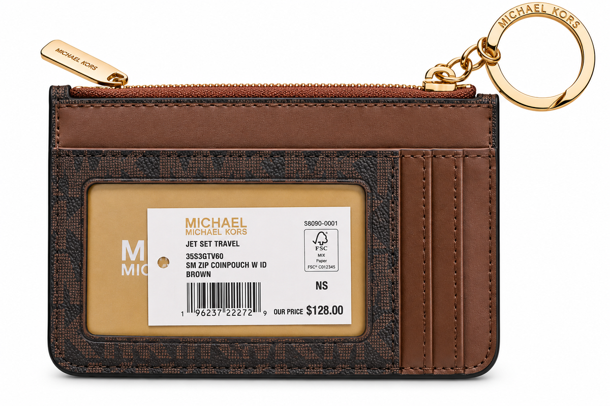 Michael Kors Jet Set Travel small zip coin pouch with ID and key ring in Brown Signature monogram back with card slots and ID window