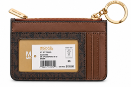 Michael Kors Jet Set Travel small zip coin pouch with ID and key ring in Brown Signature monogram back with card slots and ID window