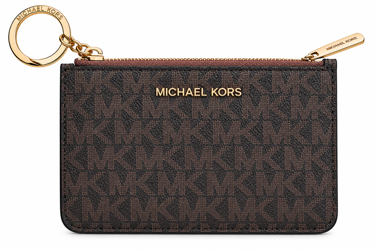 Michael Kors Jet Set Travel small zip coin pouch with ID and key ring in Brown Signature monogram front