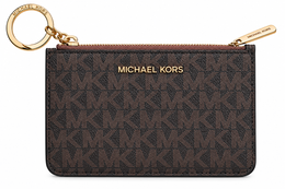 Michael Kors Jet Set Travel small zip coin pouch with ID and key ring in Brown Signature monogram front