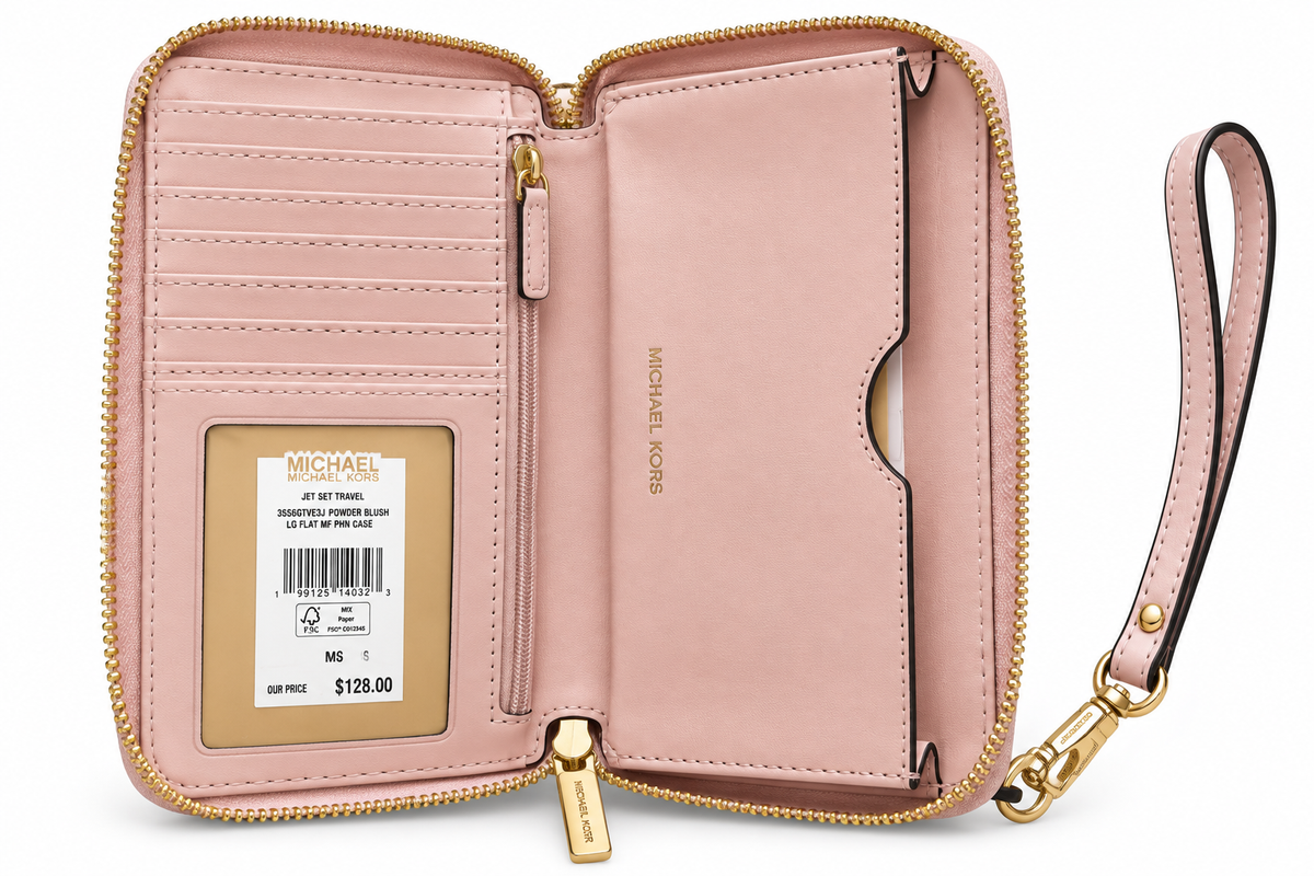 Michael Kors Jet Set Travel large flat phone case in Powder Blush open interior with original tag