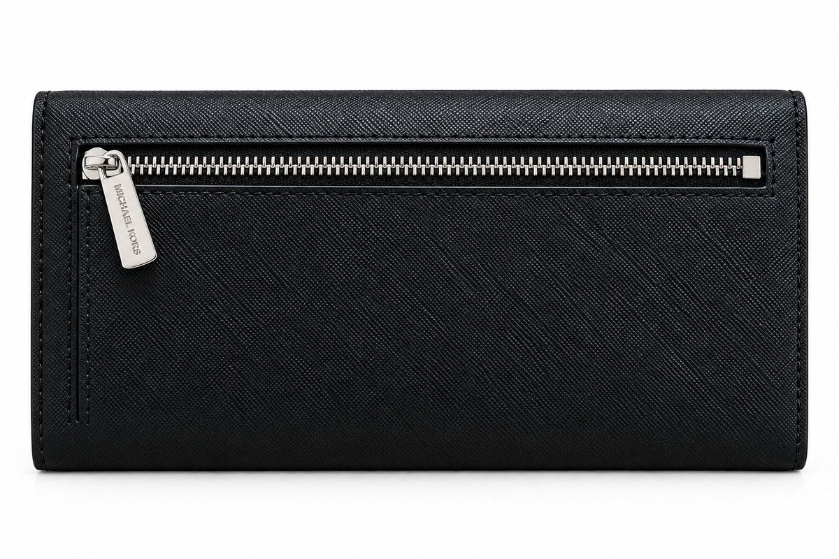Michael Kors Jet Set Travel large trifold wallet in black back with zip pocket