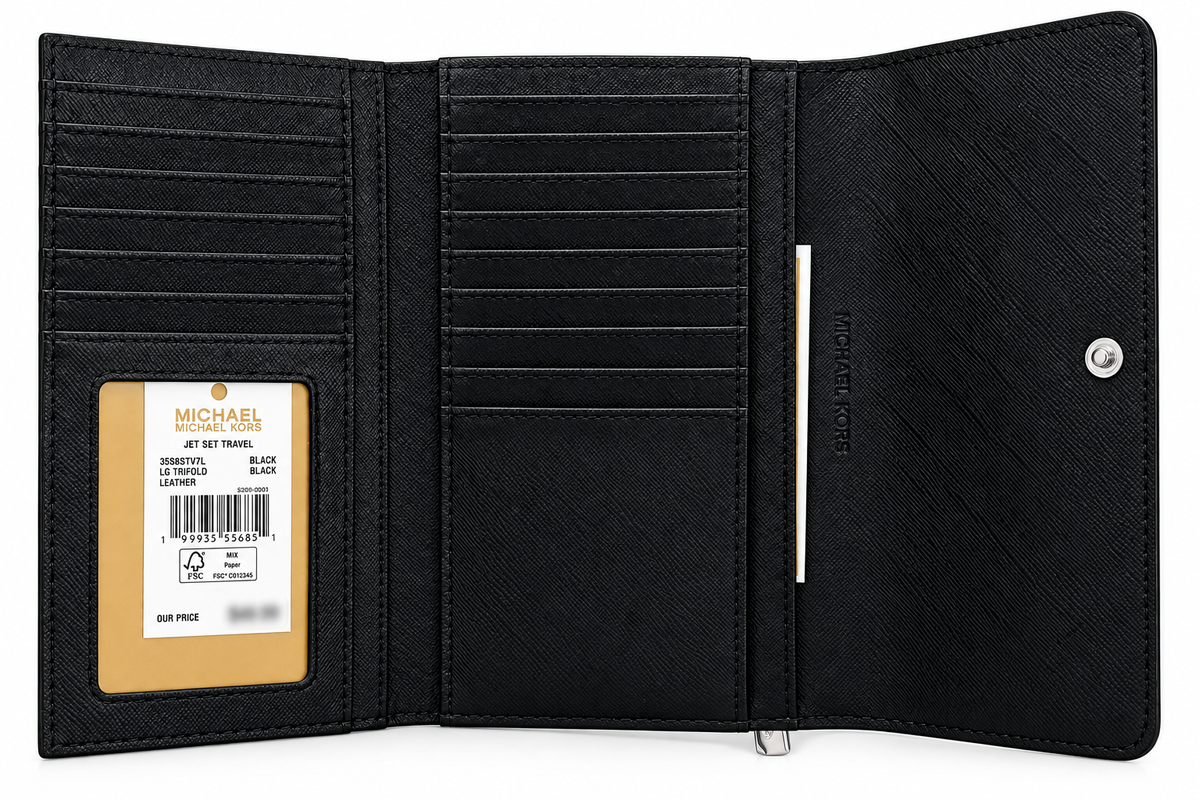 Michael Kors Jet Set Travel large trifold wallet in black open interior with original tag price blurred