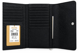 Michael Kors Jet Set Travel large trifold wallet in black open interior with original tag price blurred