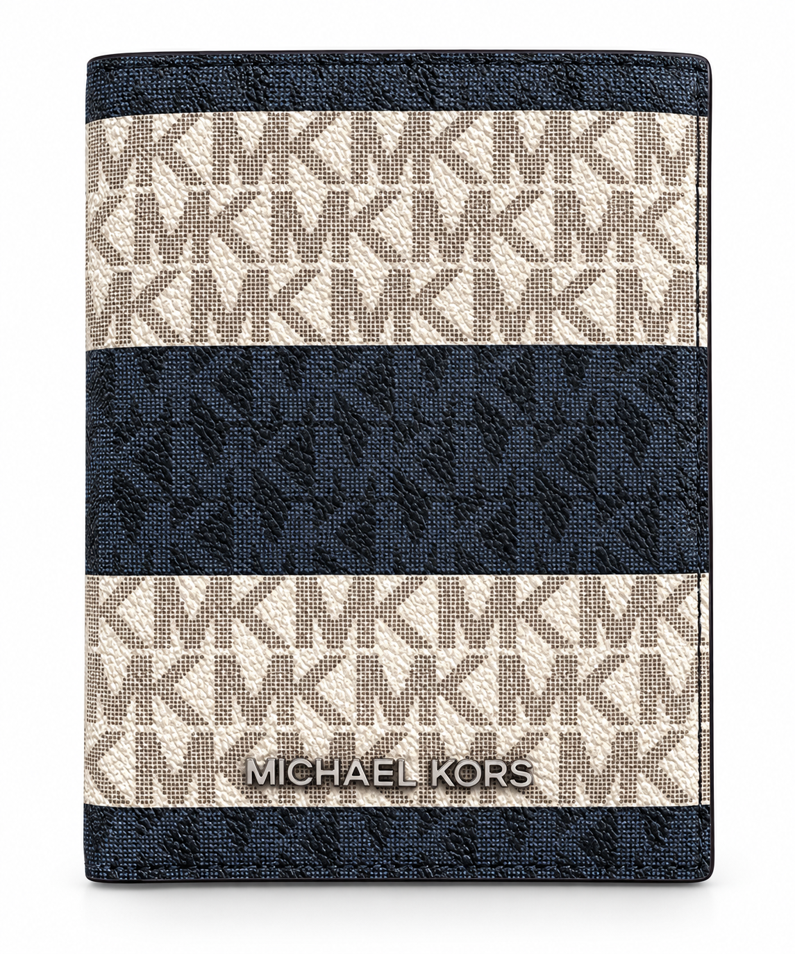 Michael Kors Jet Set Travel passport wallet in navy and vanilla monogram stripe front