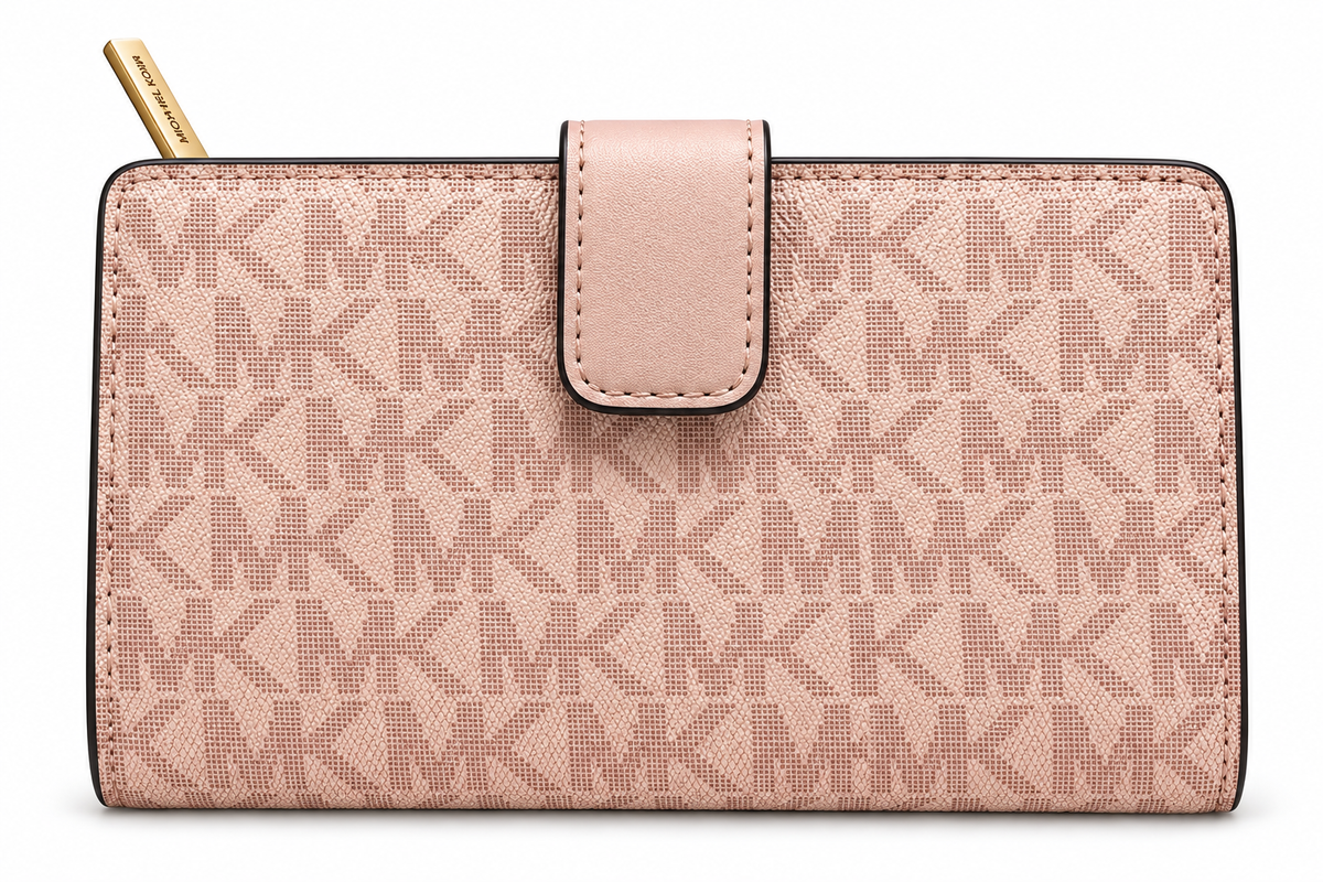 Michael Kors Jet Set Travel medium bifold zip coin wallet in Powder Blush Signature monogram back