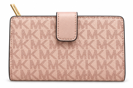 Michael Kors Jet Set Travel medium bifold zip coin wallet in Powder Blush Signature monogram back