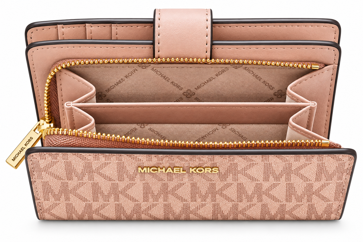 Michael Kors Jet Set Travel medium bifold zip coin wallet in Powder Blush open zip coin compartment