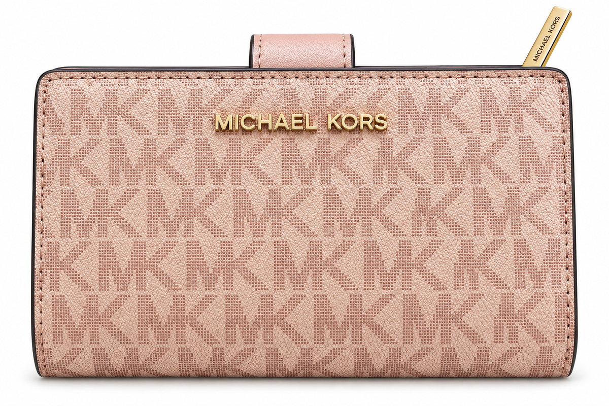 Michael Kors Jet Set Travel medium bifold zip coin wallet in Powder Blush Signature monogram front