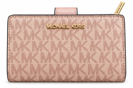 Michael Kors Jet Set Travel medium bifold zip coin wallet in Powder Blush Signature monogram front