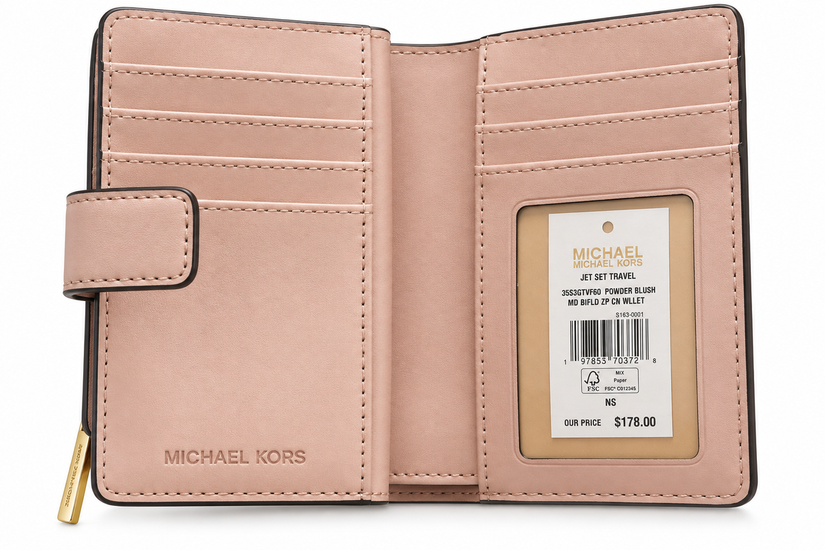 Michael Kors Jet Set Travel medium bifold zip coin wallet in Powder Blush open interior with card slots and product tag
