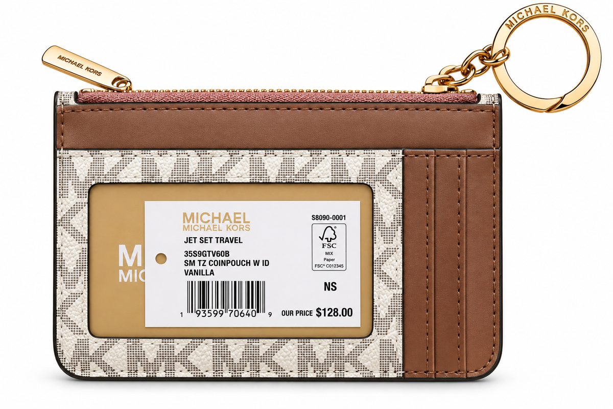 Michael Kors Jet Set Travel small zip coin pouch with ID and key ring in Vanilla Signature monogram with brown trim back with card slots and ID window