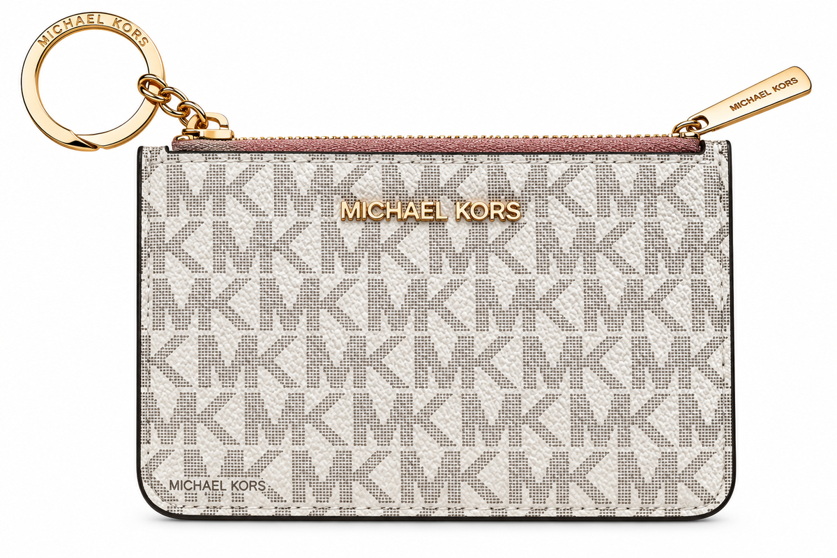 Michael Kors Jet Set Travel small zip coin pouch with ID and key ring in Vanilla Signature monogram with brown trim front
