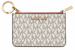 Michael Kors Jet Set Travel small zip coin pouch with ID and key ring in Vanilla Signature monogram with brown trim front