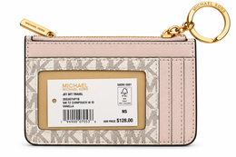 Michael Kors Jet Set Travel small zip coin pouch with ID and key ring in Vanilla Signature monogram with Powder Blush trim back with card slots and ID window