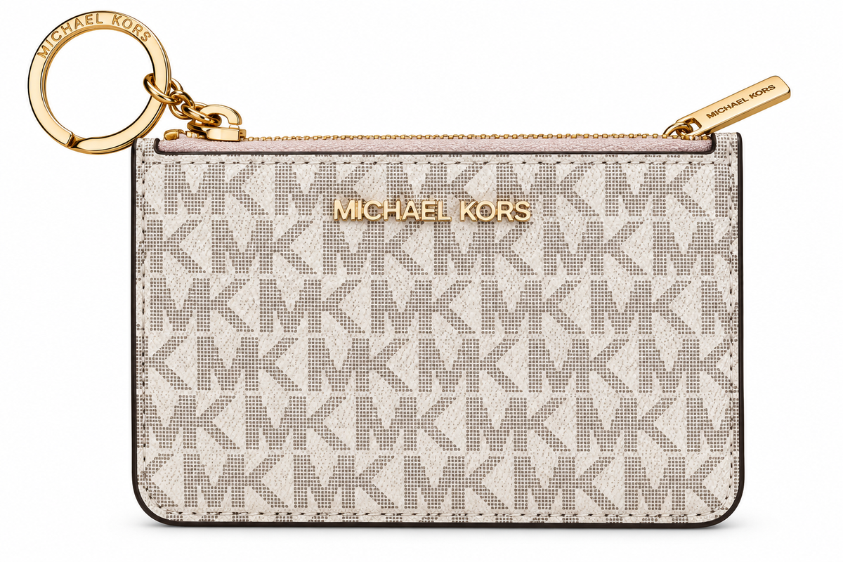 Michael Kors Jet Set Travel small zip coin pouch with ID and key ring in Vanilla Signature monogram with Powder Blush trim front